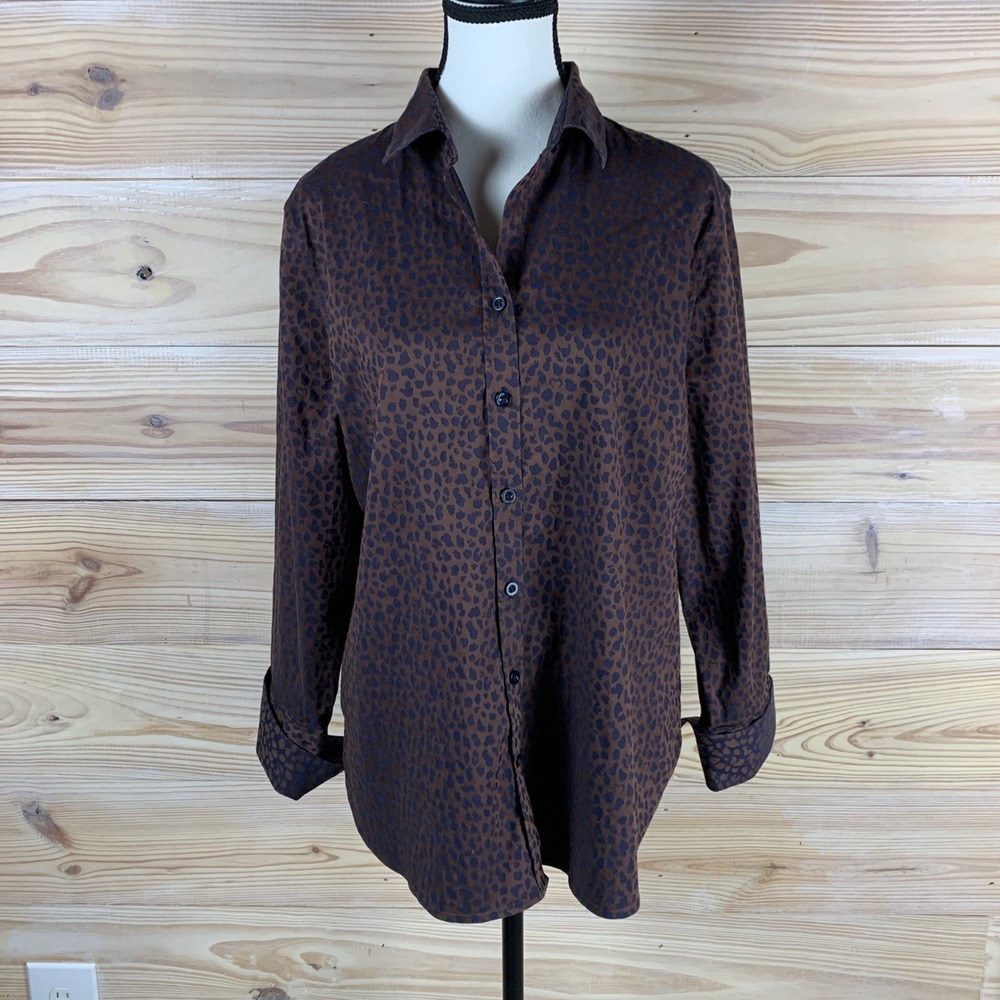 Chico's Button Down Women 12-14 Brown Leopard Print‎ Long Sleeve Stretch Shirt L